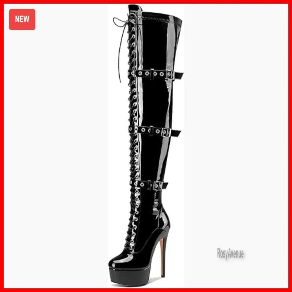 Over The Knee Thigh High Boots Stiletto Platform Lace Up Buckle Zipper